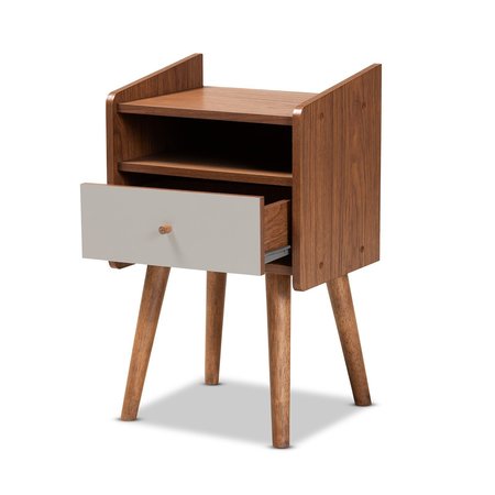 Baxton Studio Elario Mid-Century Modern Two-Tone Grey and Walnut Brown Finished Wood 1-Drawer Nightstand 179-11019-Zoro